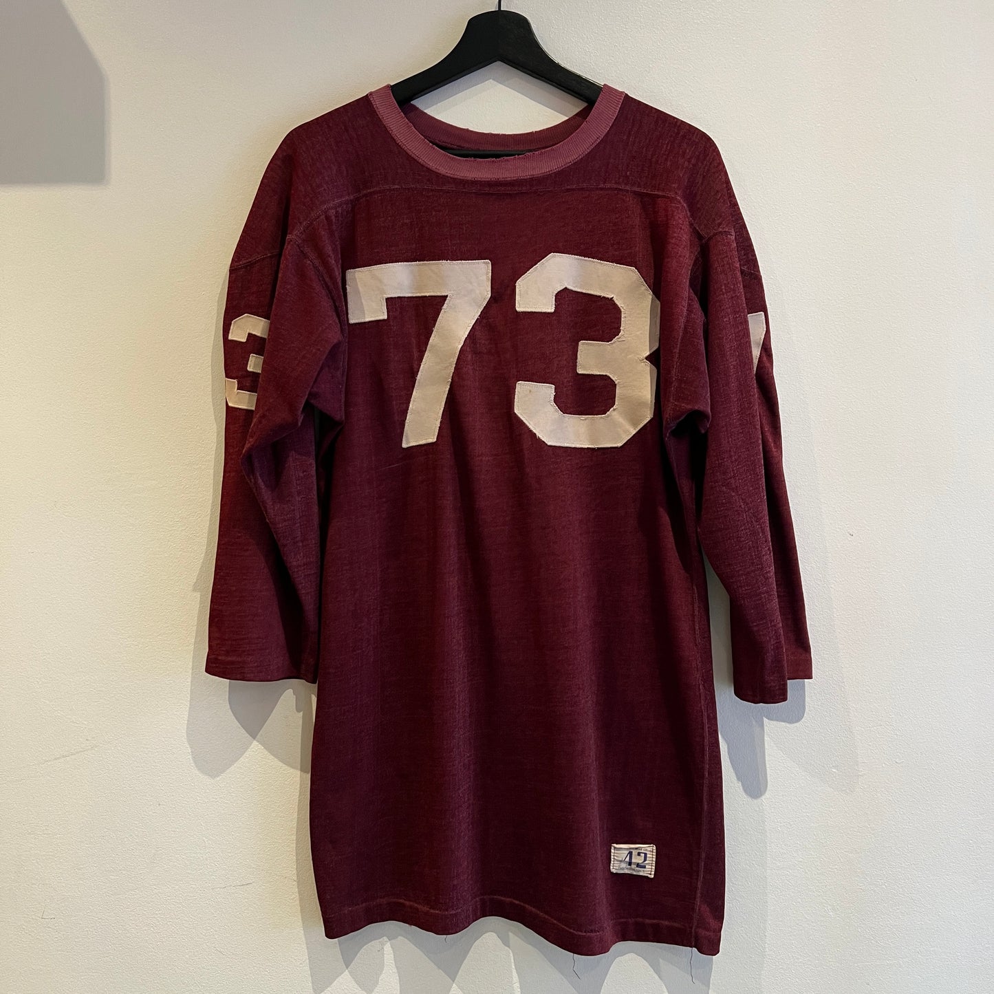 1950s Champion 3/4 Sleeve Football Burgundy Color T-Shirt with 73 Number Patches