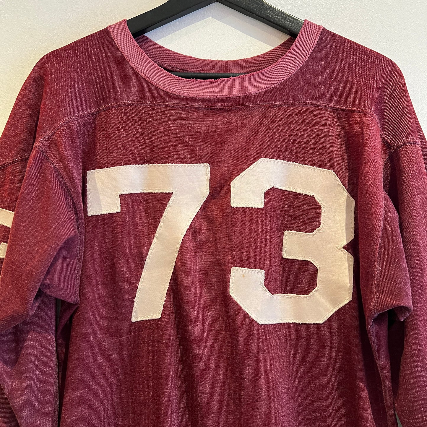 1950s Champion 3/4 Sleeve Football Burgundy Color T-Shirt with 73 Number Patches