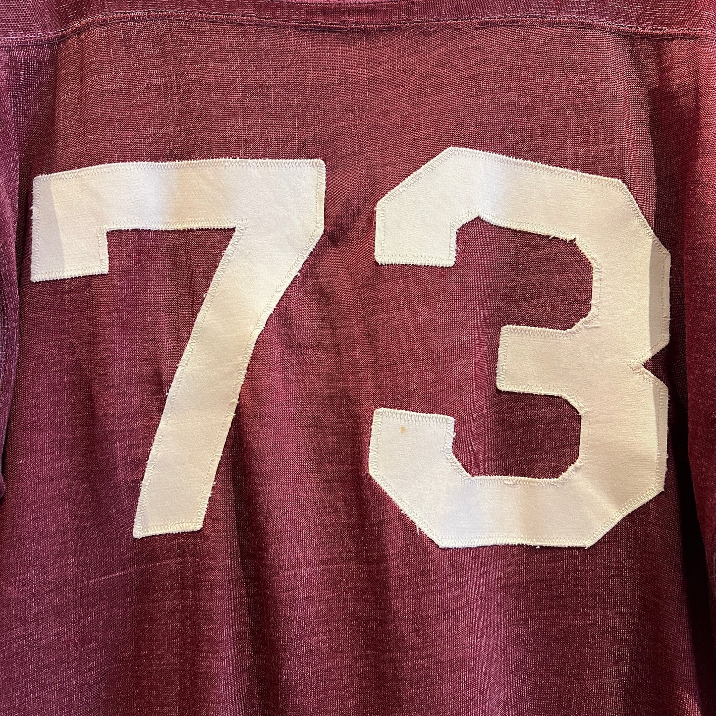1950s Champion 3/4 Sleeve Football Burgundy Color T-Shirt with 73 Number Patches