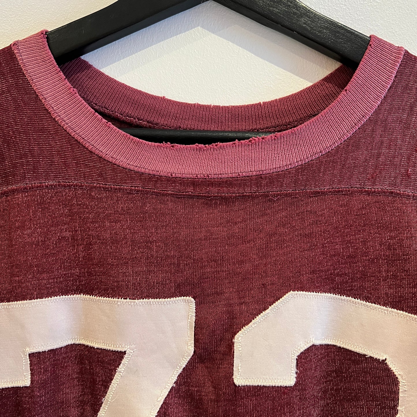 1950s Champion 3/4 Sleeve Football Burgundy Color T-Shirt with 73 Number Patches