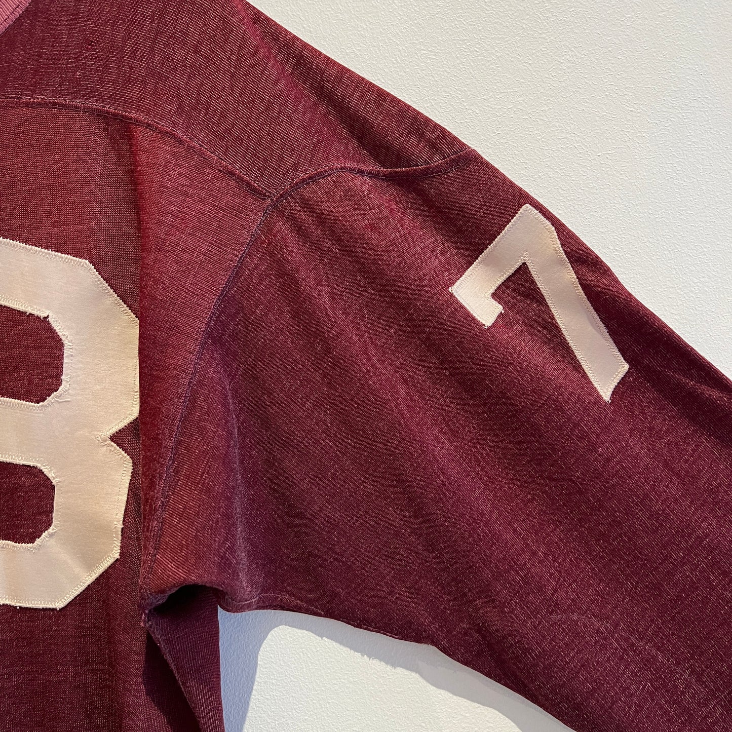 1950s Champion 3/4 Sleeve Football Burgundy Color T-Shirt with 73 Number Patches