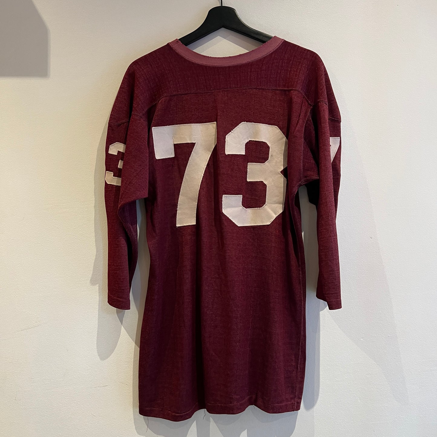 1950s Champion 3/4 Sleeve Football Burgundy Color T-Shirt with 73 Number Patches