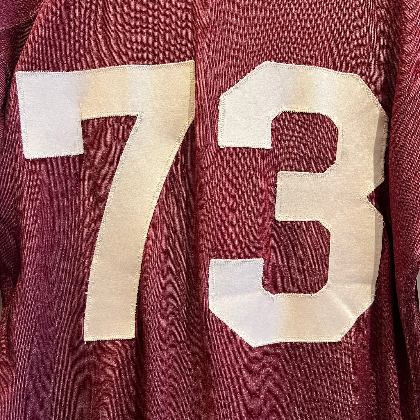 1950s Champion 3/4 Sleeve Football Burgundy Color T-Shirt with 73 Number Patches
