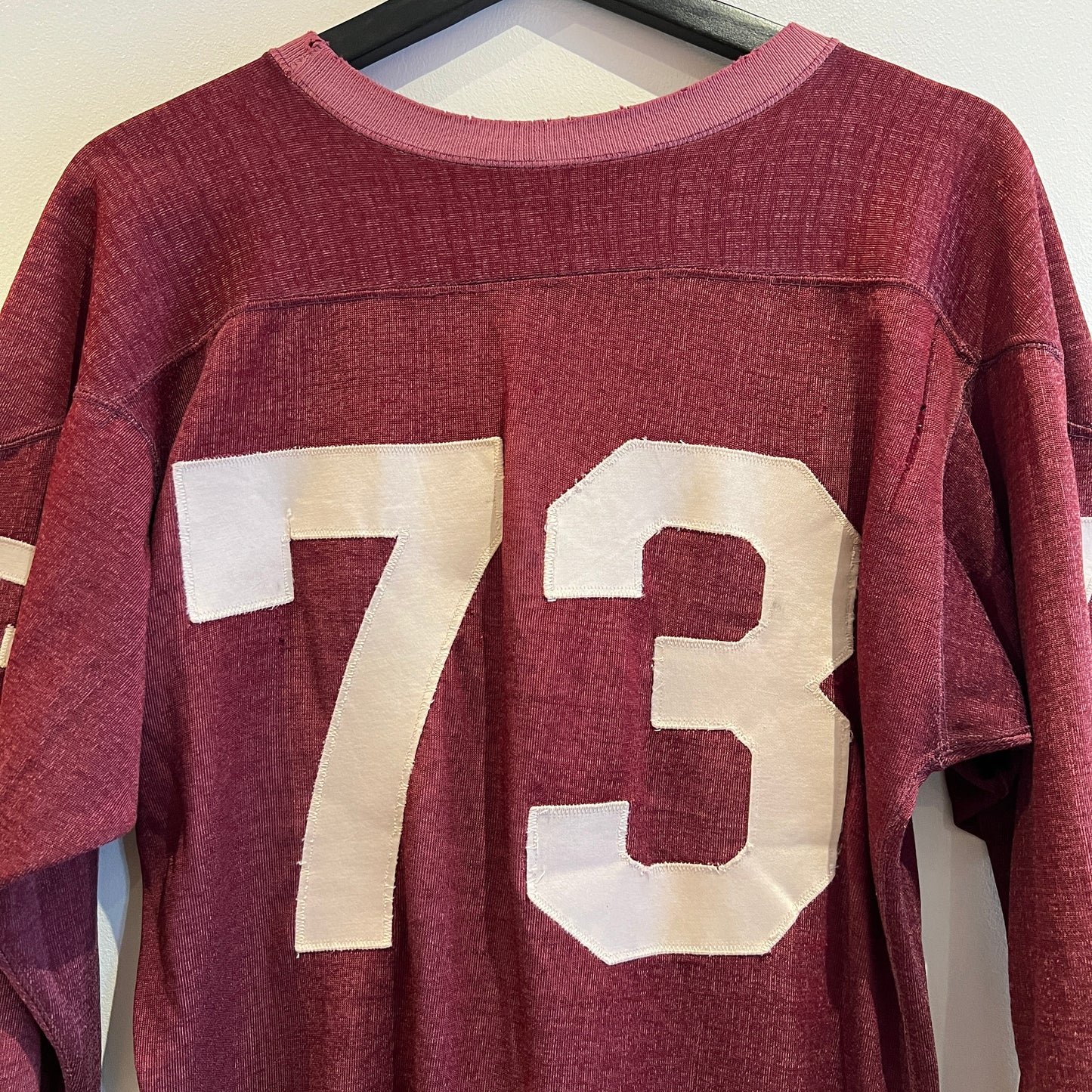 1950s Champion 3/4 Sleeve Football Burgundy Color T-Shirt with 73 Number Patches