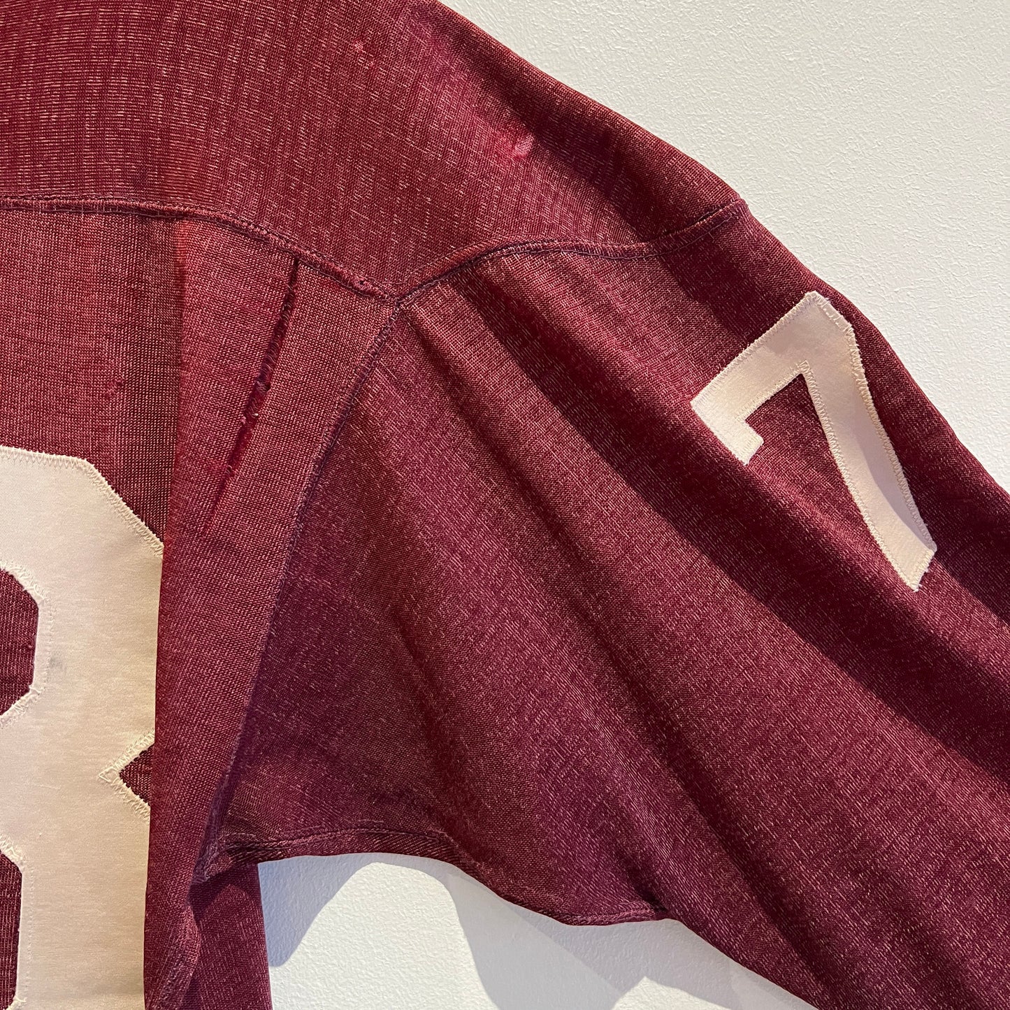 1950s Champion 3/4 Sleeve Football Burgundy Color T-Shirt with 73 Number Patches