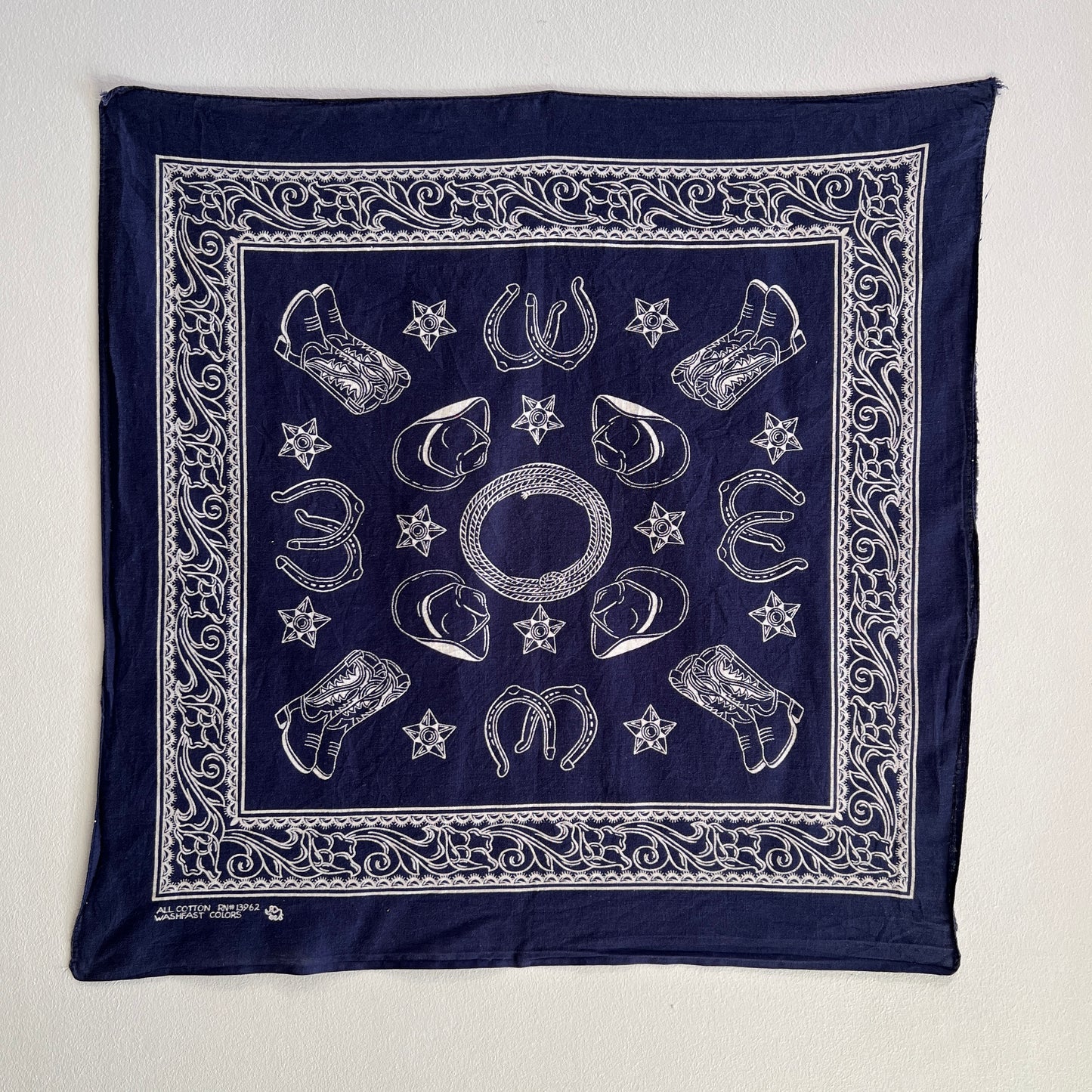 1960s Elephant (Trunk Up) Navy Blue Color Bandana with Western Cowboy Motif Pattern Print