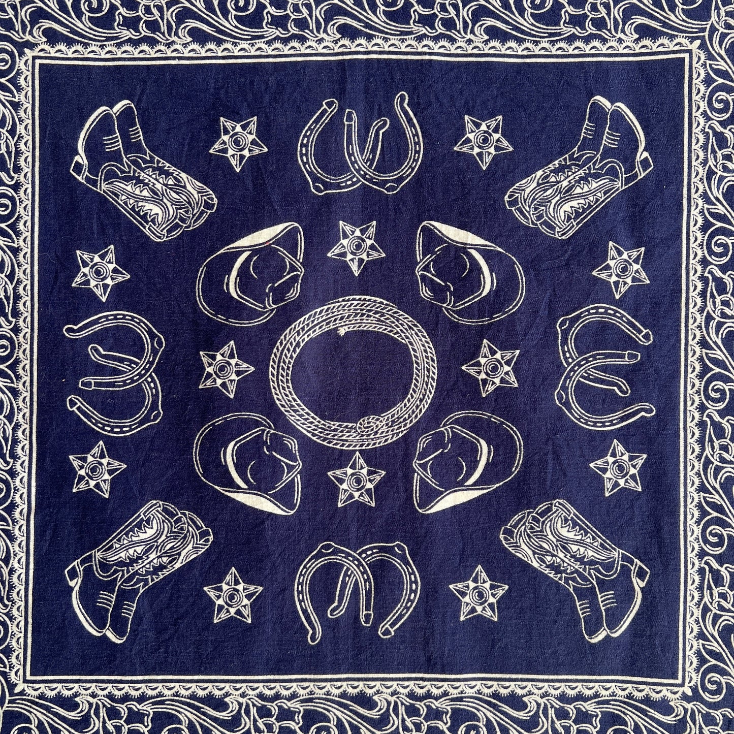 1960s Elephant (Trunk Up) Navy Blue Color Bandana with Western Cowboy Motif Pattern Print
