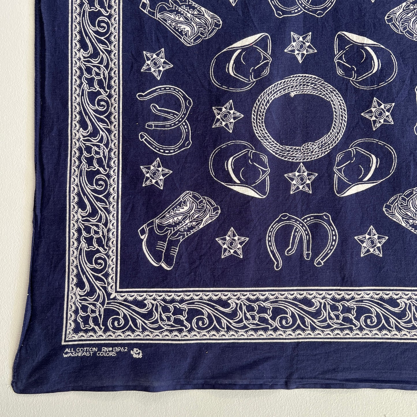1960s Elephant (Trunk Up) Navy Blue Color Bandana with Western Cowboy Motif Pattern Print
