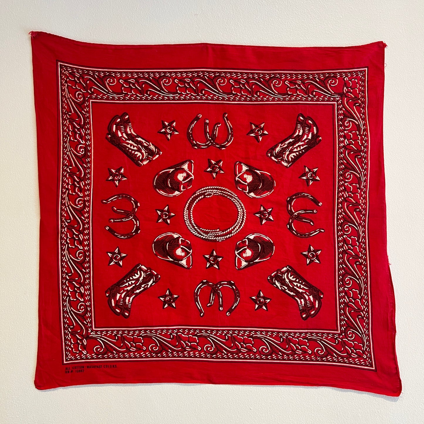 1960s Washfast Colors Red and Black Color Bandana with Western Cowboy Motif Pattern Print