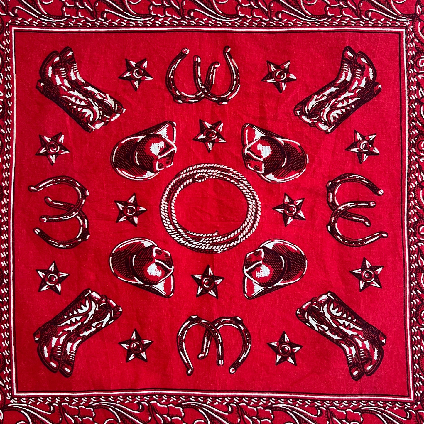 1960s Washfast Colors Red and Black Color Bandana with Western Cowboy Motif Pattern Print