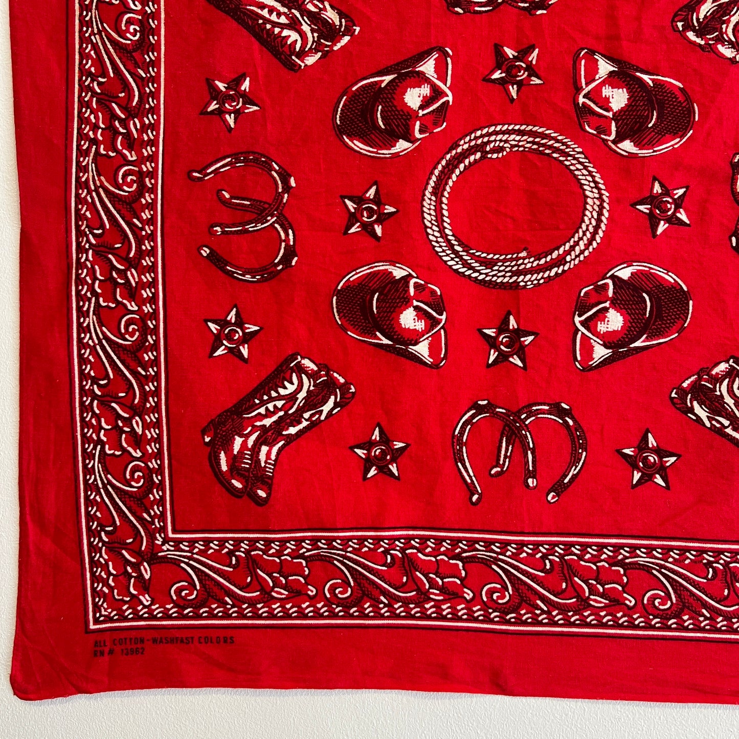 1960s Washfast Colors Red and Black Color Bandana with Western Cowboy Motif Pattern Print