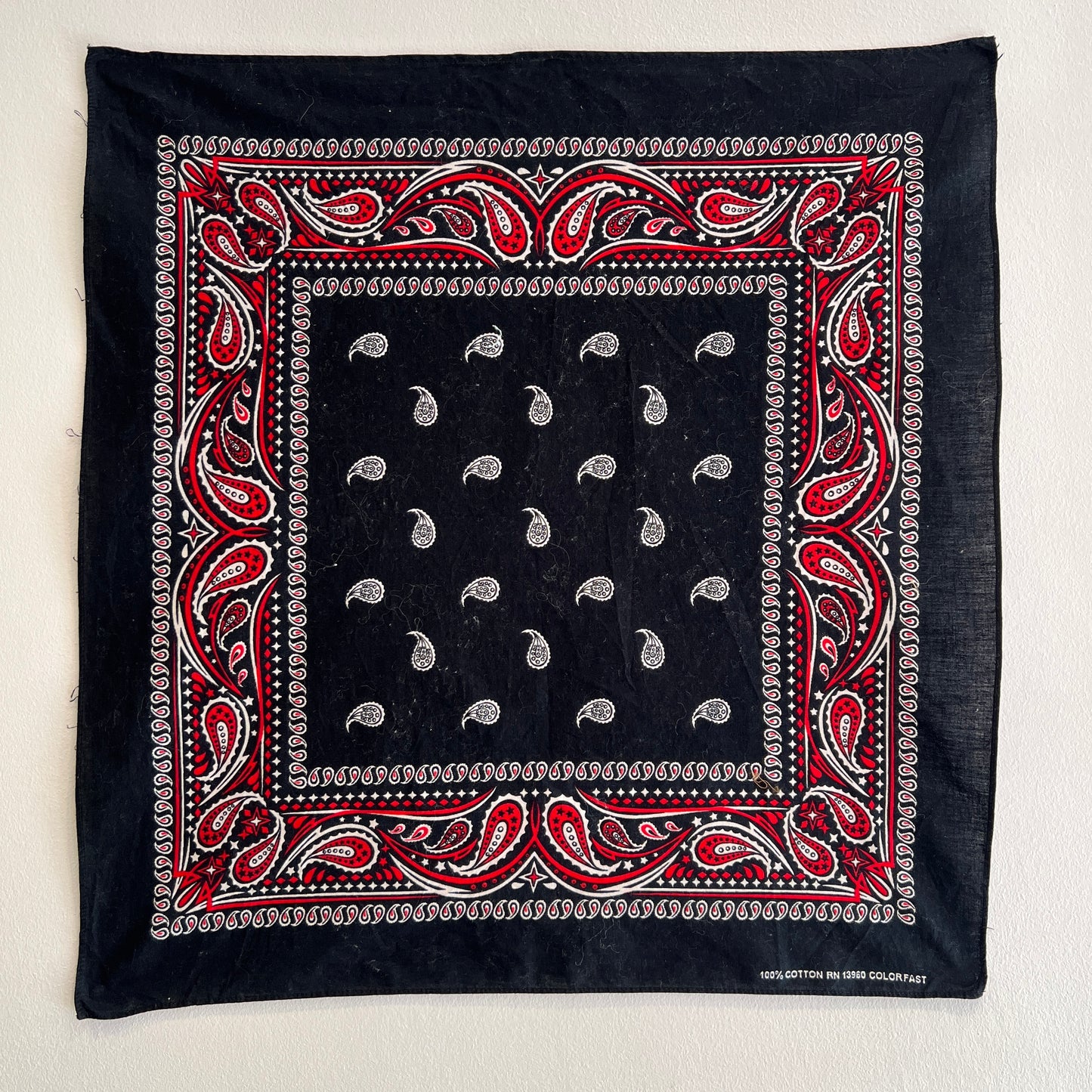 1970s Colorfast Black and Red Color Bandana with Paisley Pattern Print