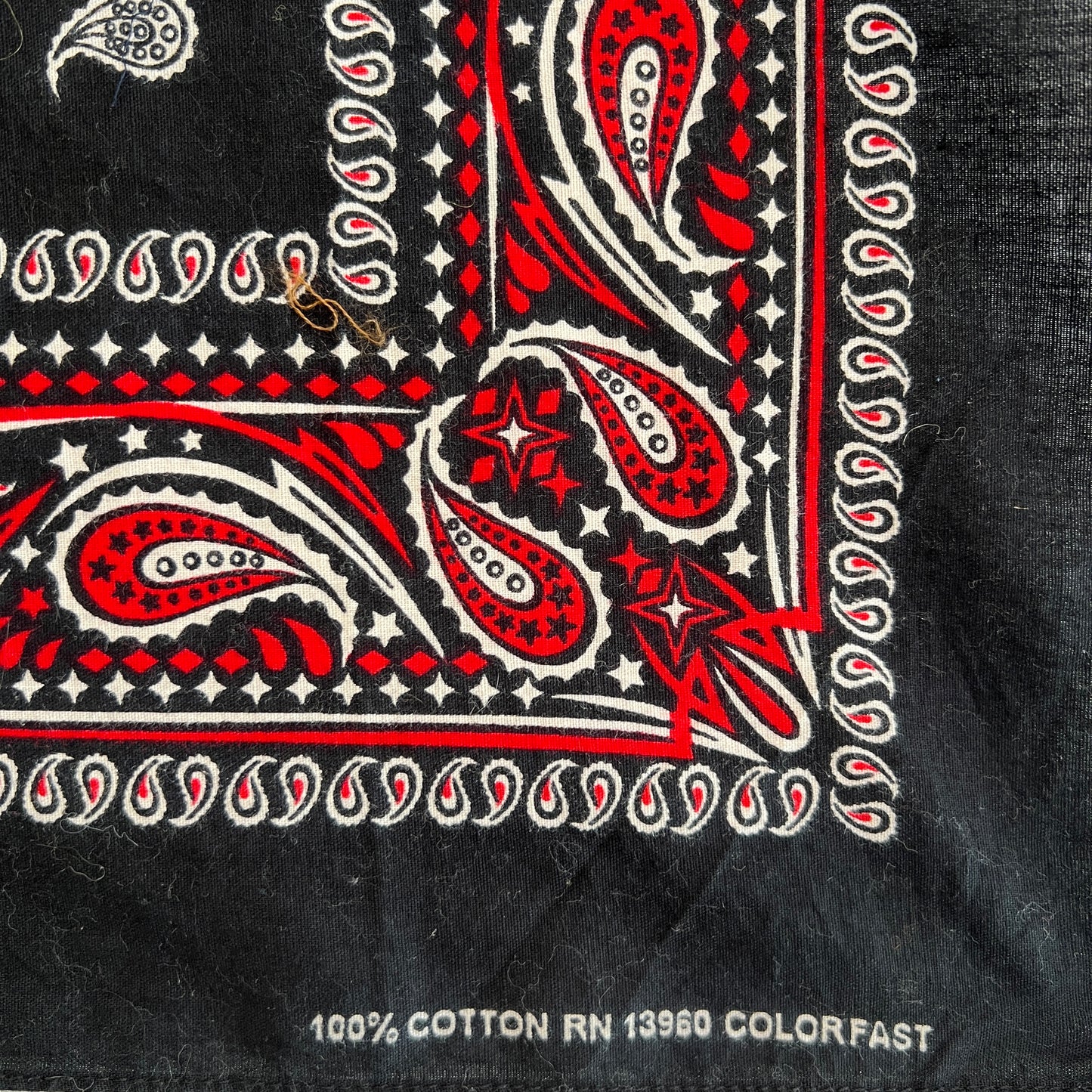 1970s Colorfast Black and Red Color Bandana with Paisley Pattern Print