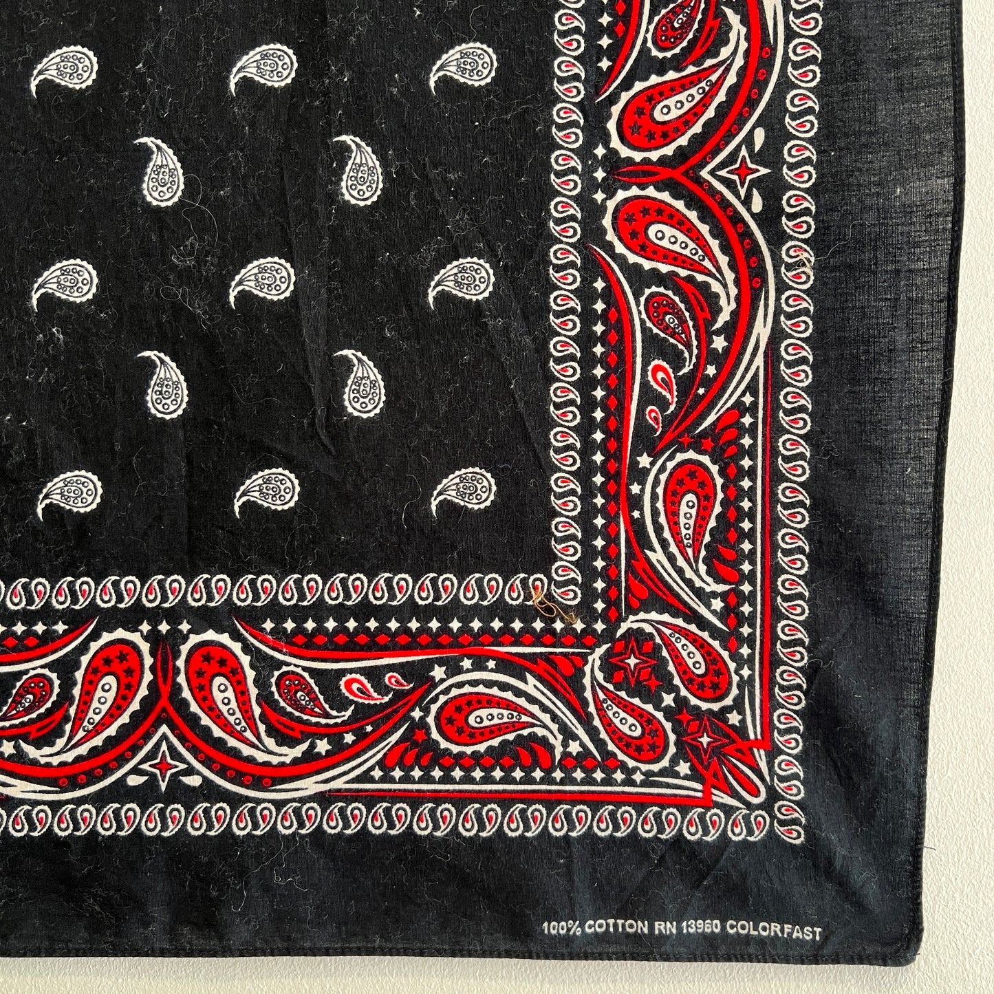 1970s Colorfast Black and Red Color Bandana with Paisley Pattern Print