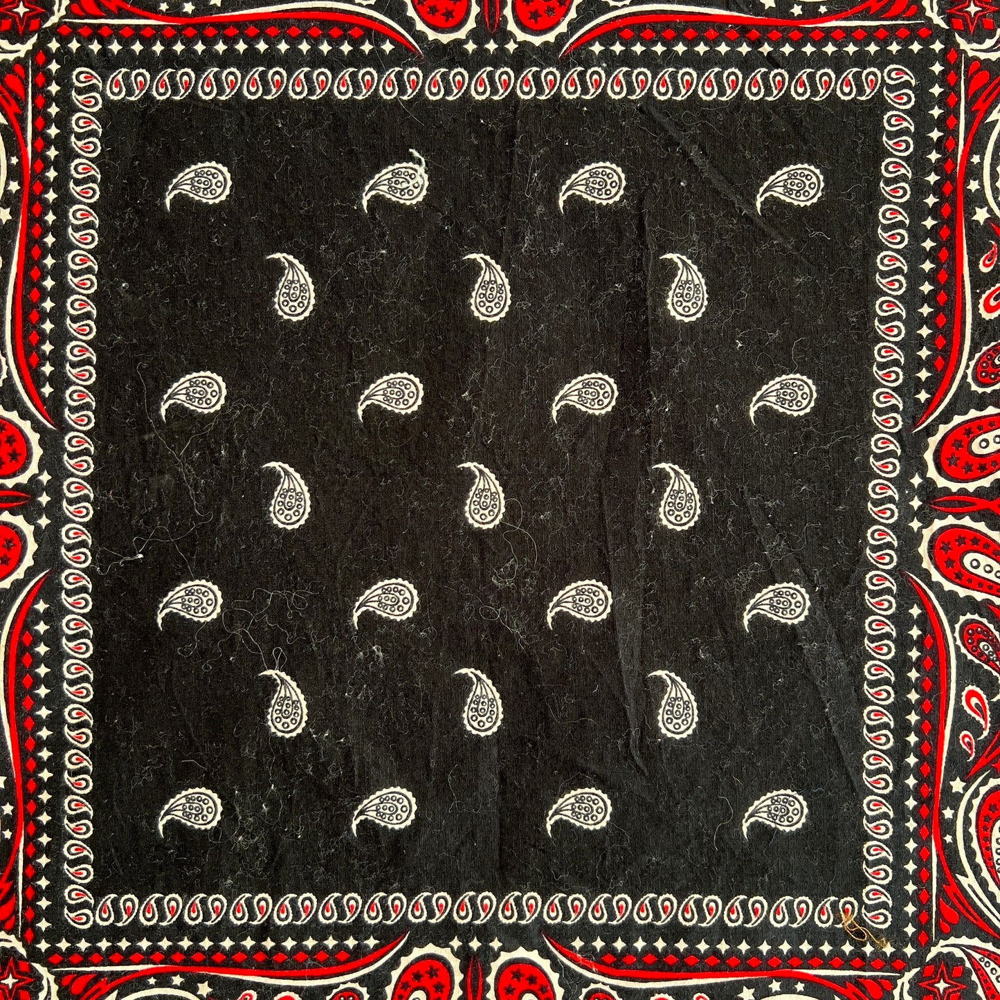 1970s Colorfast Black and Red Color Bandana with Paisley Pattern Print