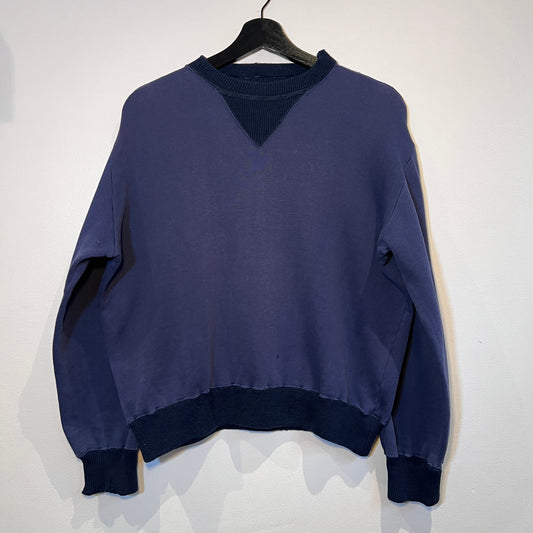 1940s 2 Tone Faded Navy Blue Double V Cotton Crewneck Sweatshirt