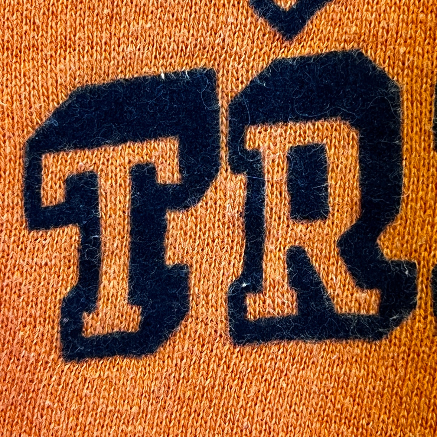 1950s Russell Athletic Single V Orange Pocket Sweatshirt with Black Flock Print