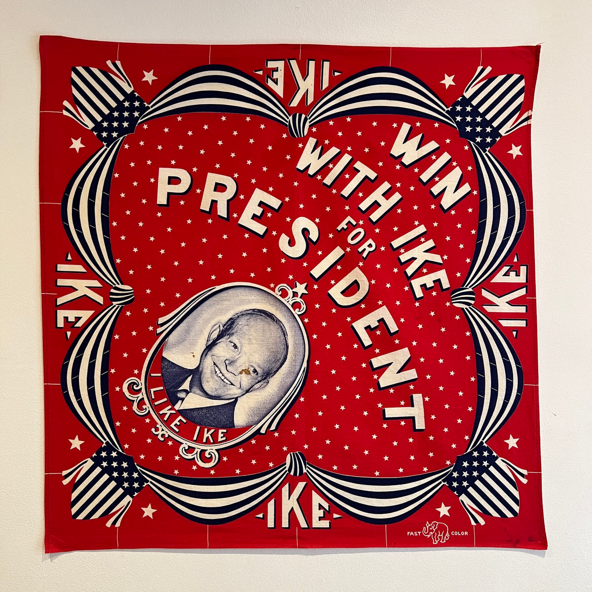 1952s Elephant (Trunk Up) Fast Color Red Color Bandana with Eisenhower "Win with Ike" Presidential Campaign Graphic Print