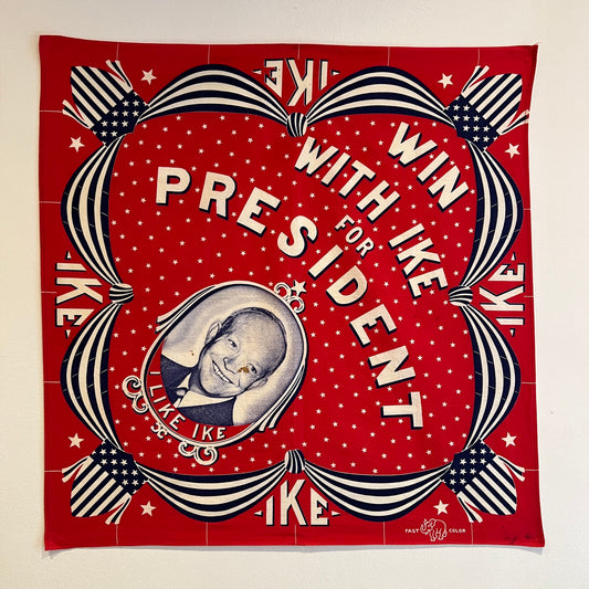 1952s Elephant (Trunk Up) Fast Color Red Color Bandana with Eisenhower "Win with Ike" Presidential Campaign Graphic Print