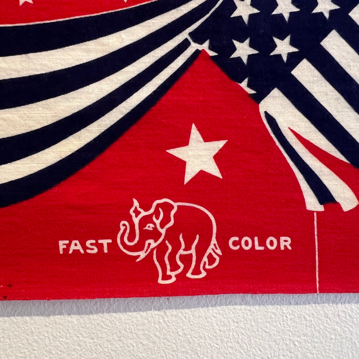 1952s Elephant (Trunk Up) Fast Color Red Color Bandana with Eisenhower "Win with Ike" Presidential Campaign Graphic Print