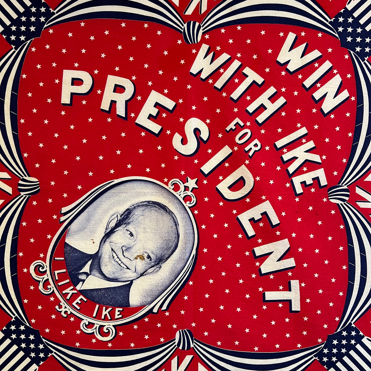 1952s Elephant (Trunk Up) Fast Color Red Color Bandana with Eisenhower "Win with Ike" Presidential Campaign Graphic Print