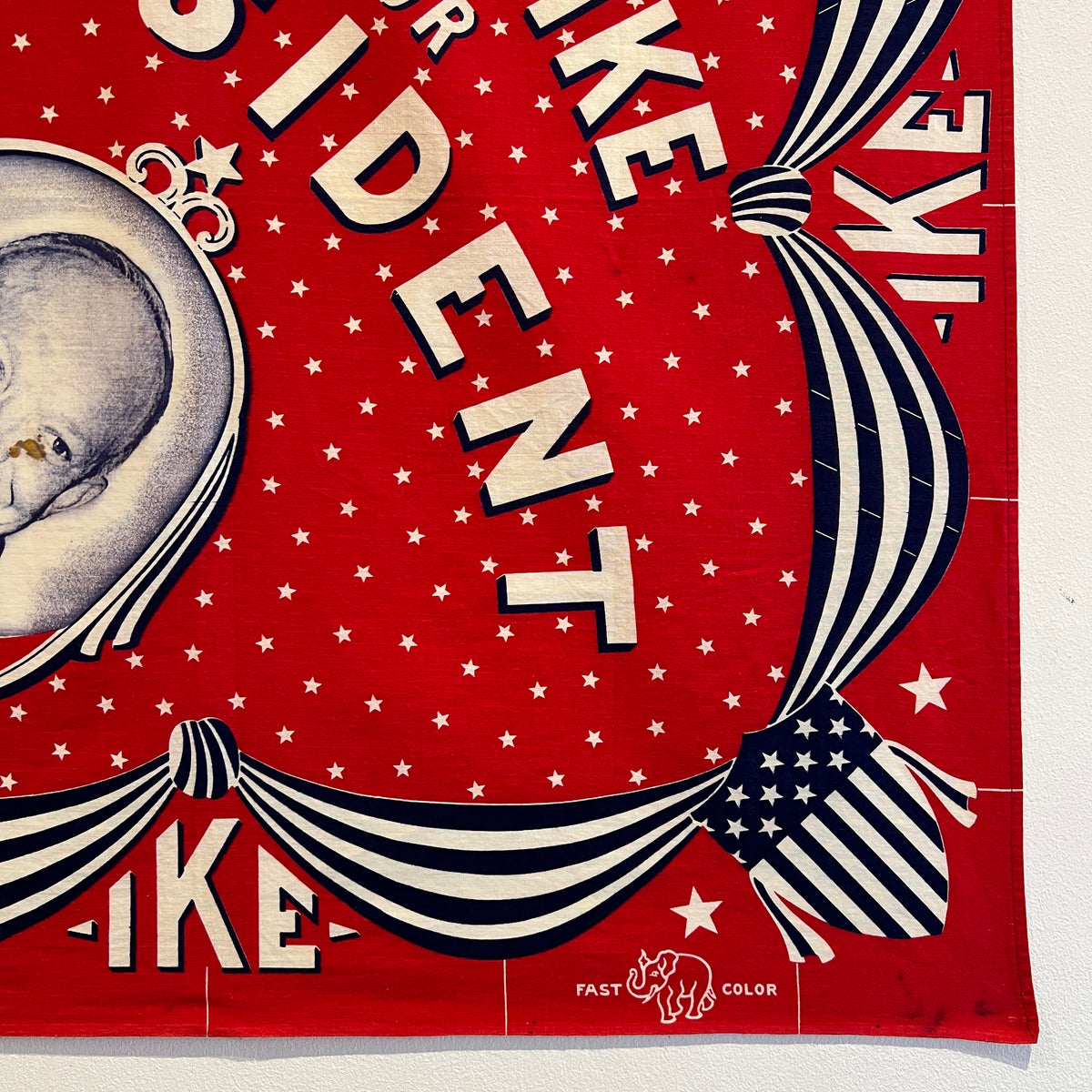 1952s Elephant (Trunk Up) Fast Color Red Color Bandana with Eisenhower "Win with Ike" Presidential Campaign Graphic Print