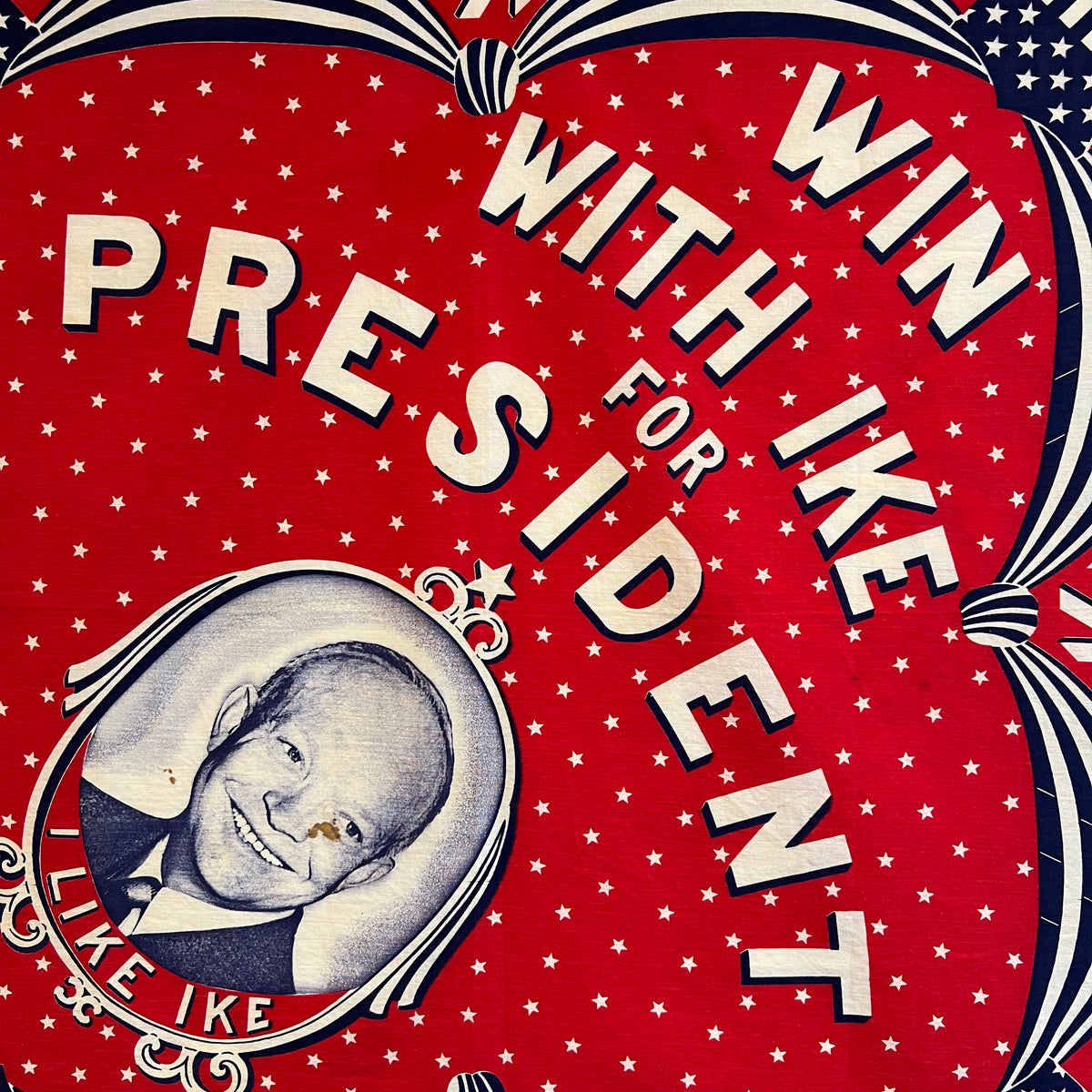 1952s Elephant (Trunk Up) Fast Color Red Color Bandana with Eisenhower "Win with Ike" Presidential Campaign Graphic Print