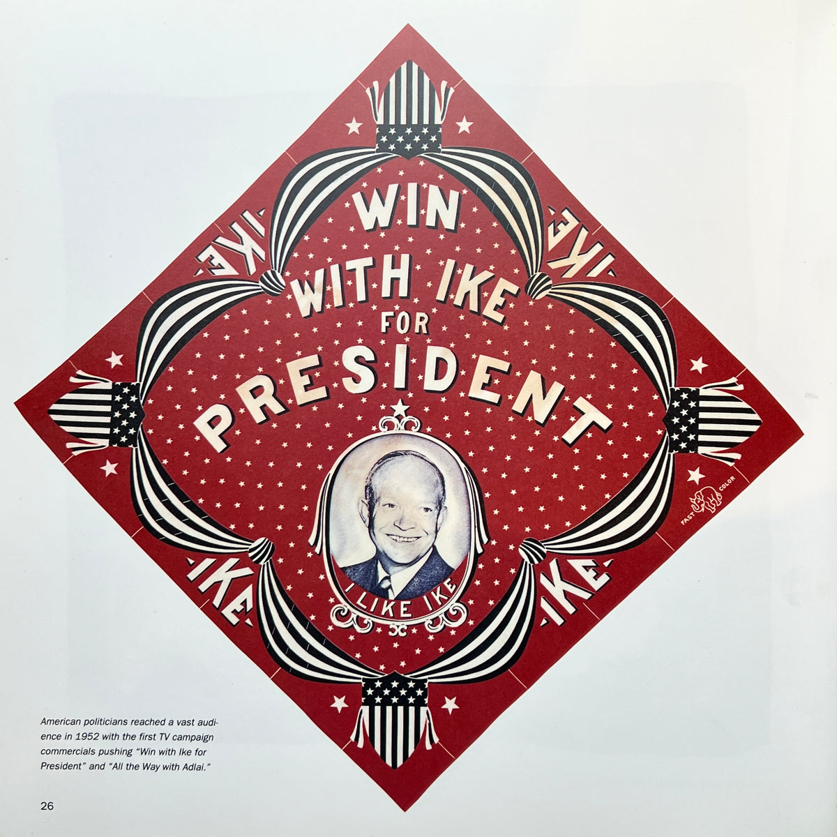 1952s Elephant (Trunk Up) Fast Color Red Color Bandana with Eisenhower "Win with Ike" Presidential Campaign Graphic Print