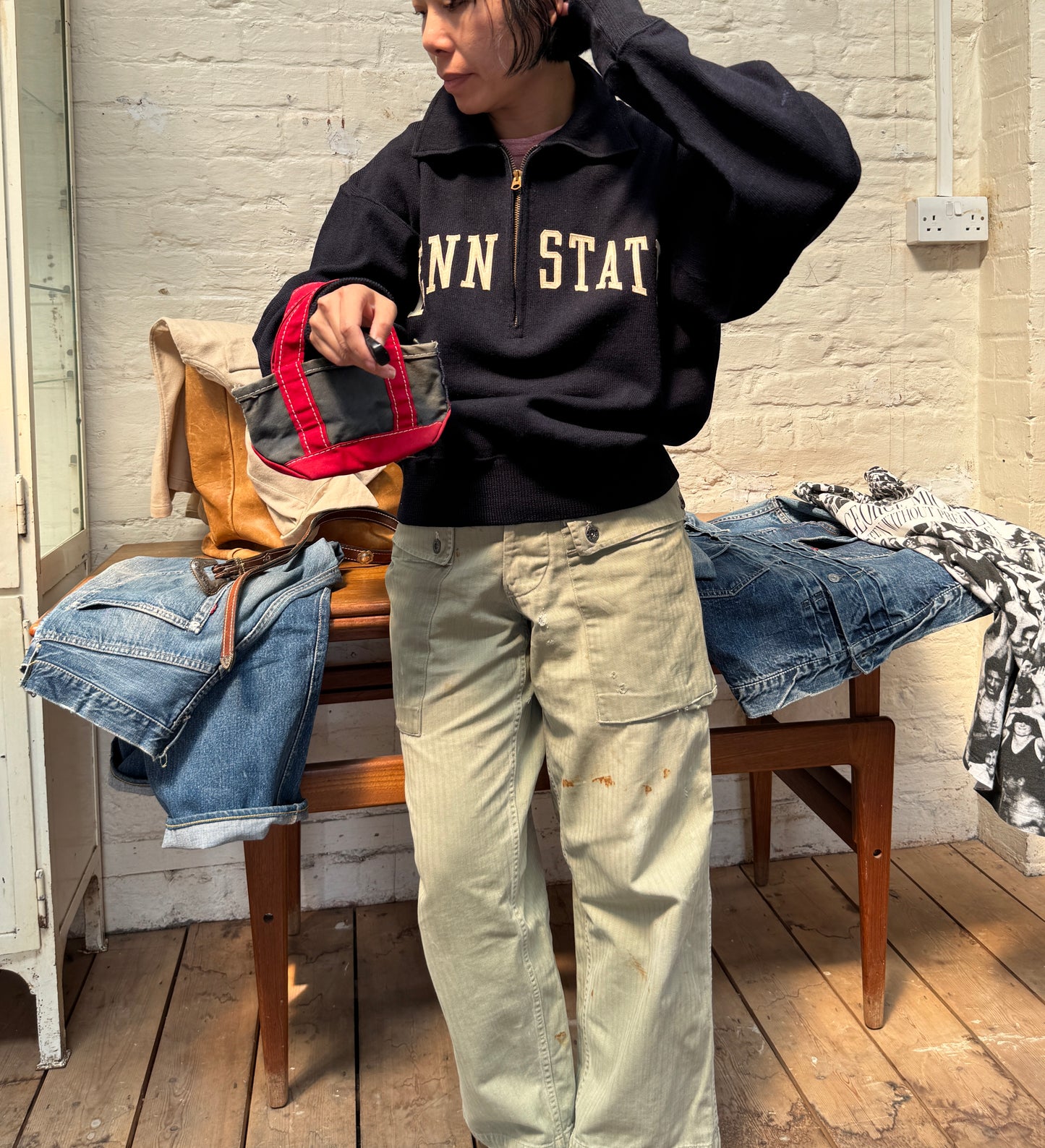 1950s King-O'Shea Half Zip Knit Navy Blue Sweater with Penn State Patches