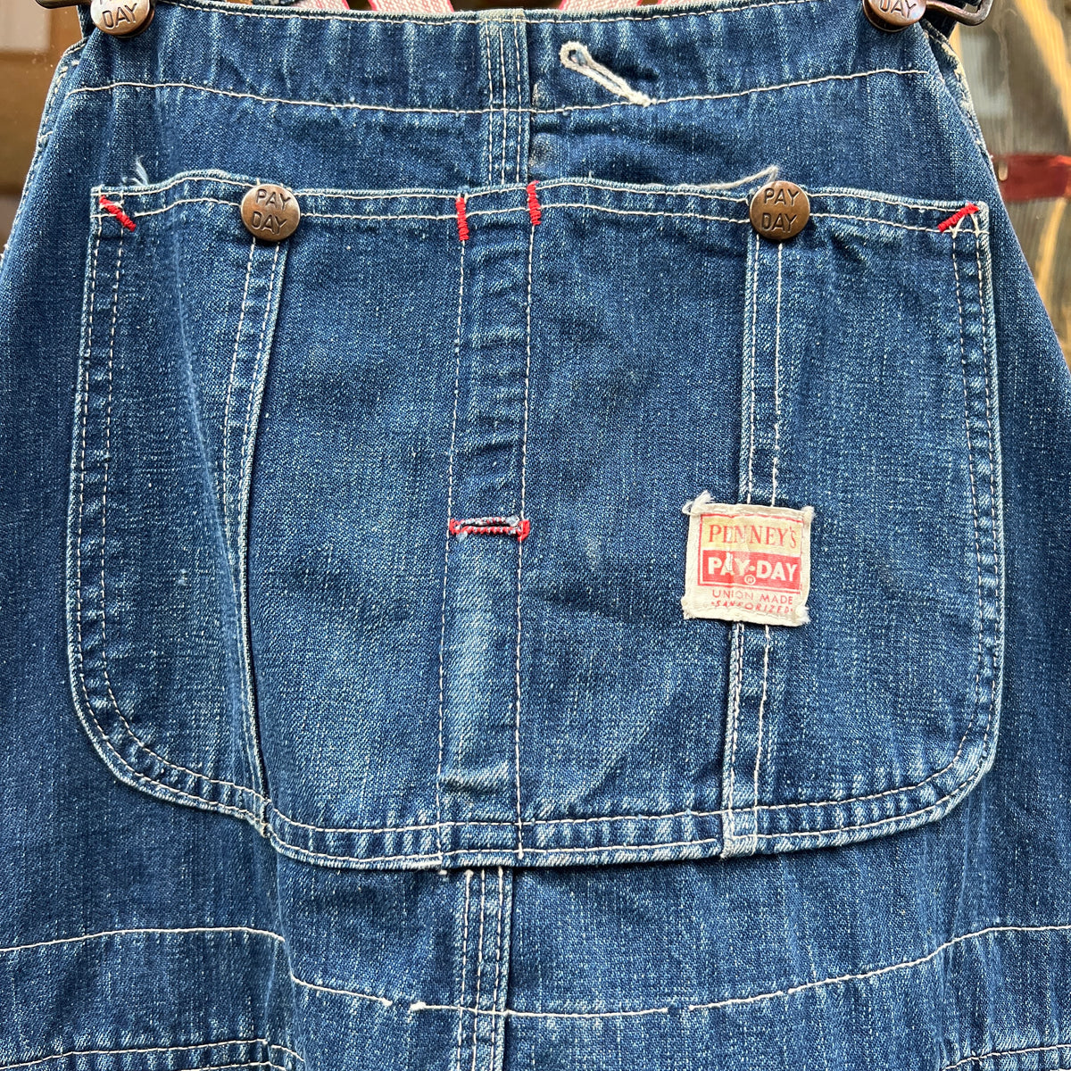 1950s J.C.Penney Pay-Day Workwear Denim Faded Indigo Blue Overalls W40", L27"