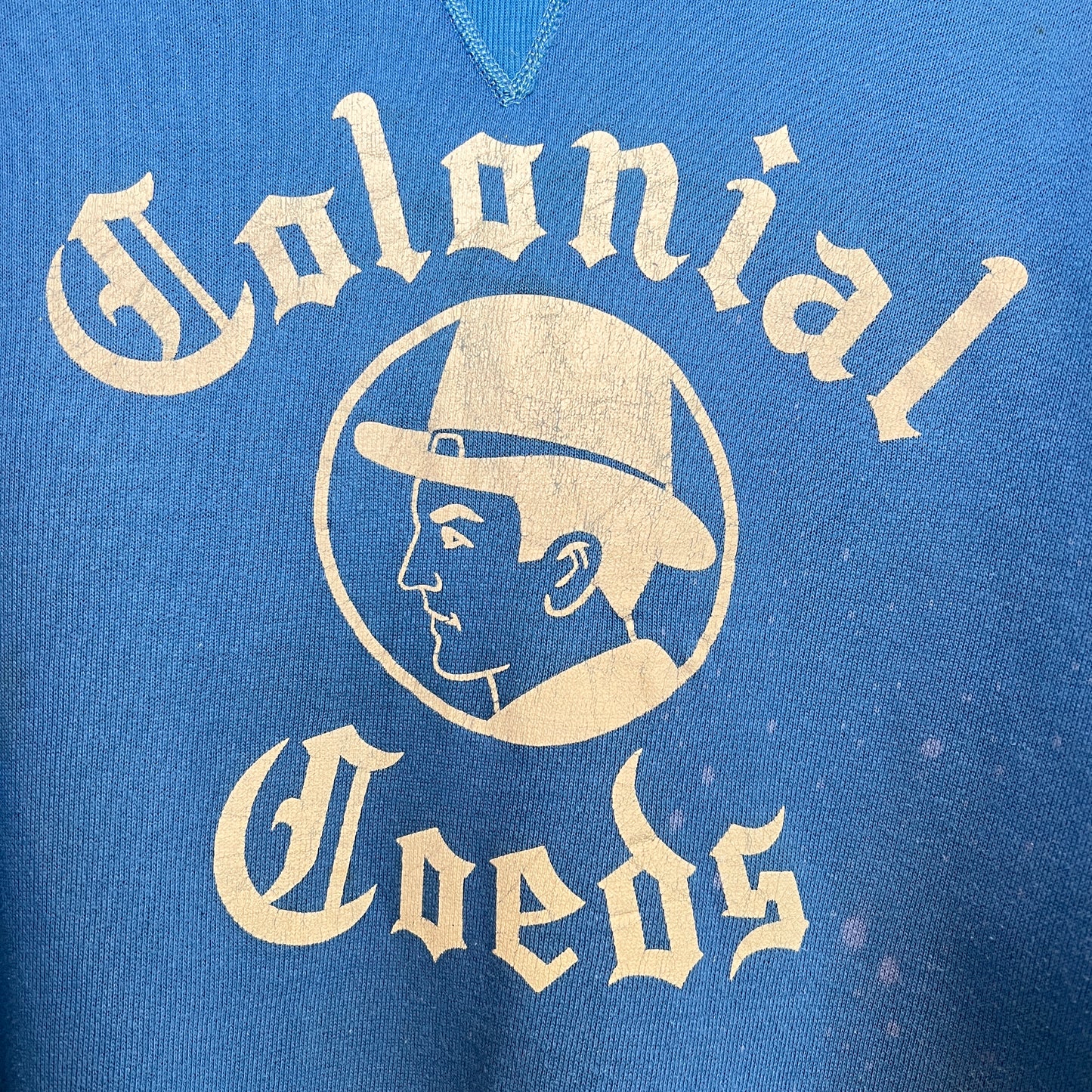 1950s Single V Blue Sweatshirt with Colonial Coeds Print