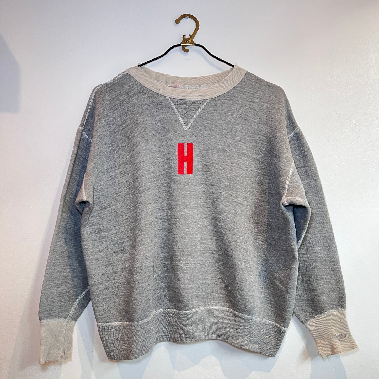 1950s Russell Athletic Single V Boxy Two Tone Medium Heather Grey Sweatshirt with Red H Print