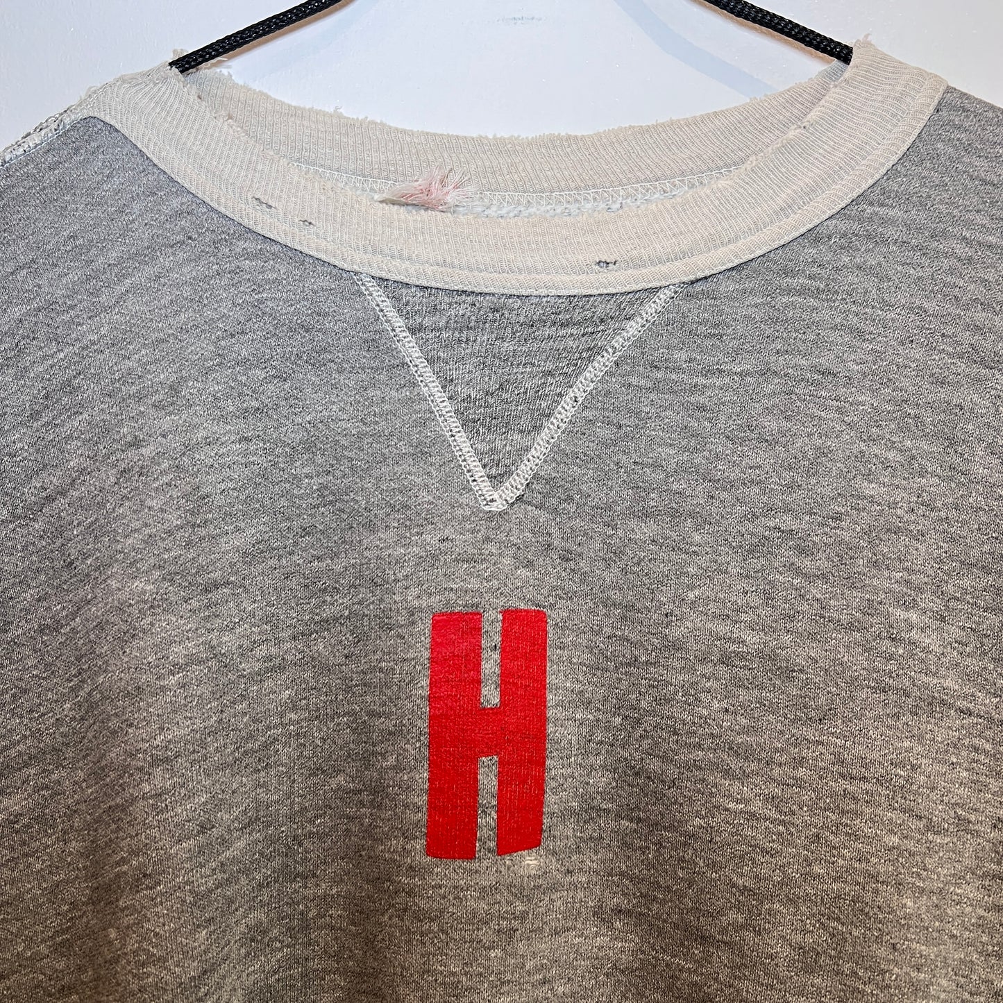 1950s Russell Athletic Single V Boxy Two Tone Medium Heather Grey Sweatshirt with Red H Print