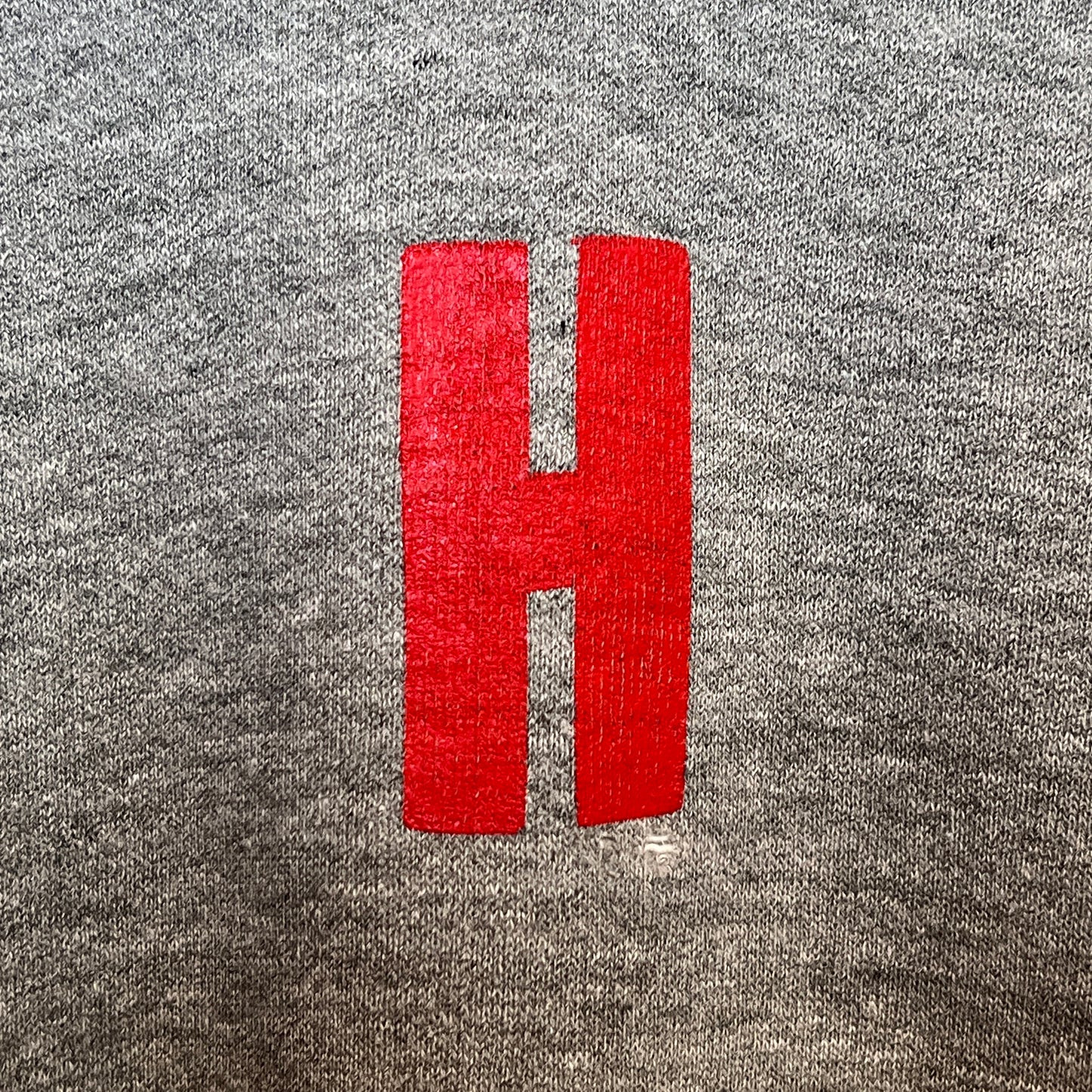 1950s Russell Athletic Single V Boxy Two Tone Medium Heather Grey Sweatshirt with Red H Print
