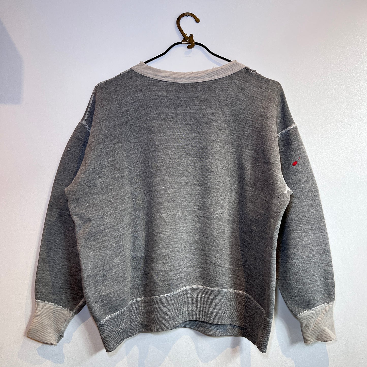 1950s Russell Athletic Single V Boxy Two Tone Medium Heather Grey Sweatshirt with Red H Print