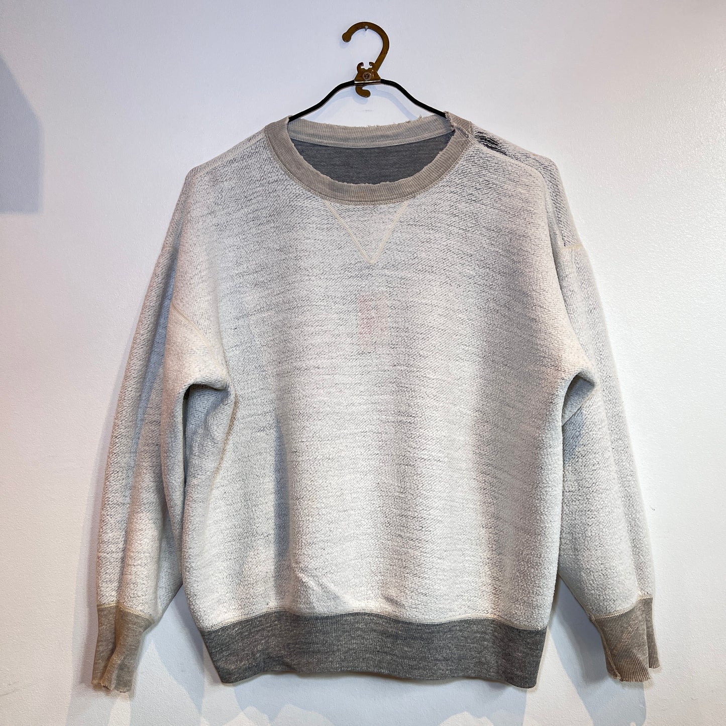 1950s Russell Athletic Single V Boxy Two Tone Medium Heather Grey Sweatshirt with Red H Print