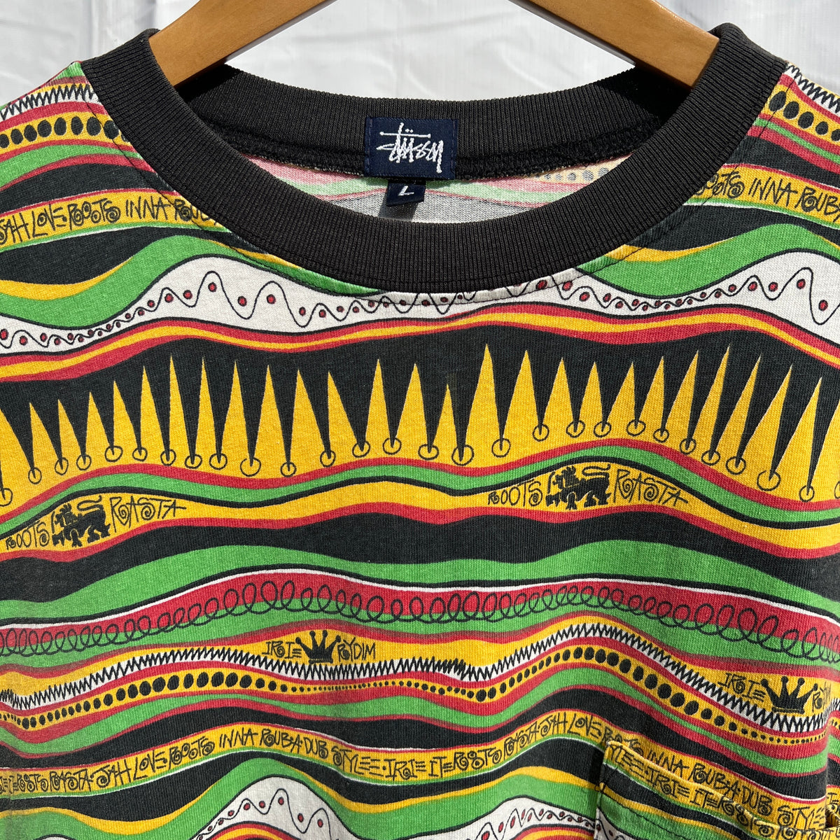 1980s Stüssy "TomTom" Irie Roots and Rasta Rydim Pocket T-Shirt with All-over Print