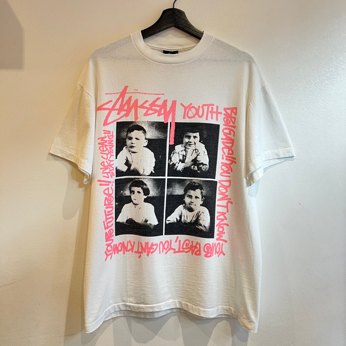 1990s ~ 1994s Stüssy White T-Shirt with the Classic Iconic Youth Brigade Graphic Print