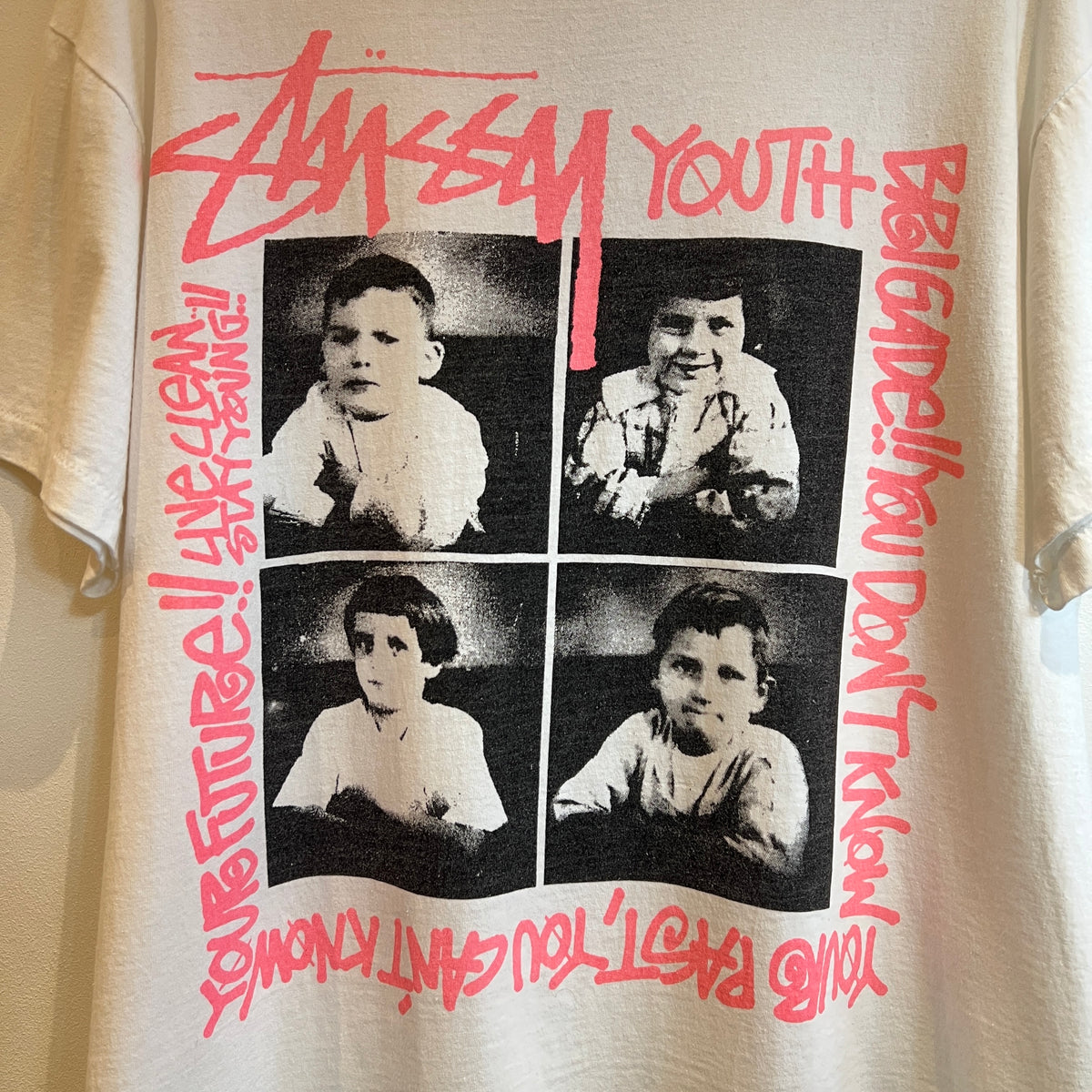 1990s ~ 1994s Stüssy White T-Shirt with the Classic Iconic Youth Brigade Graphic Print