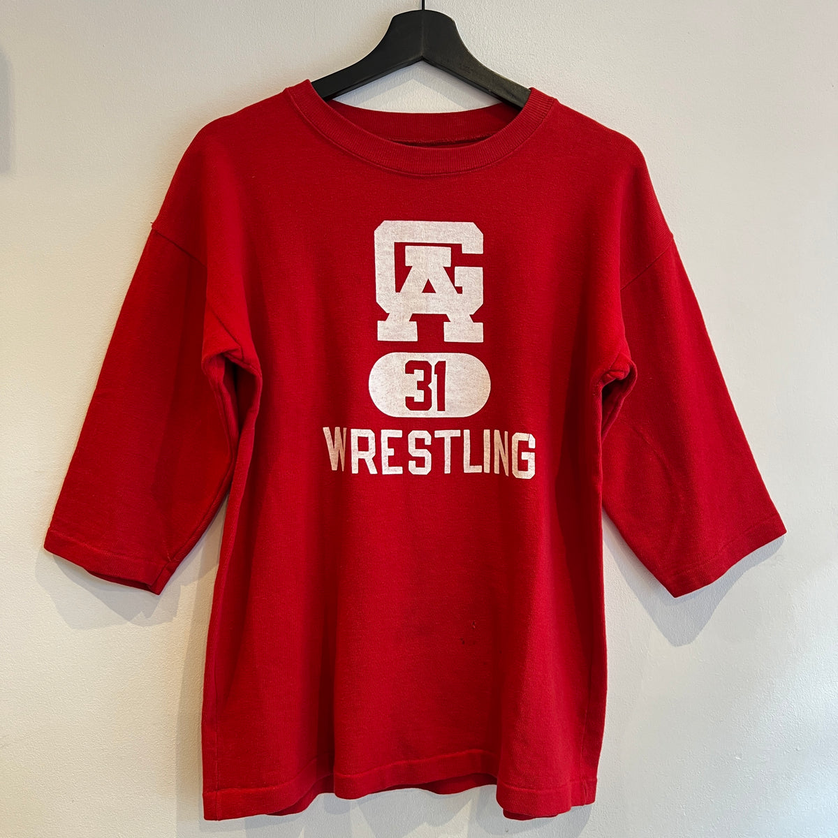 1967s ~ 1971s Champion Three-Quarter Sleeve Varsity Red Sweatshirt with Wrestling Print