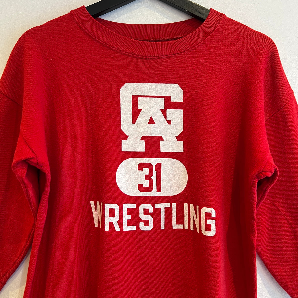 1967s ~ 1971s Champion Three-Quarter Sleeve Varsity Red Sweatshirt with Wrestling Print