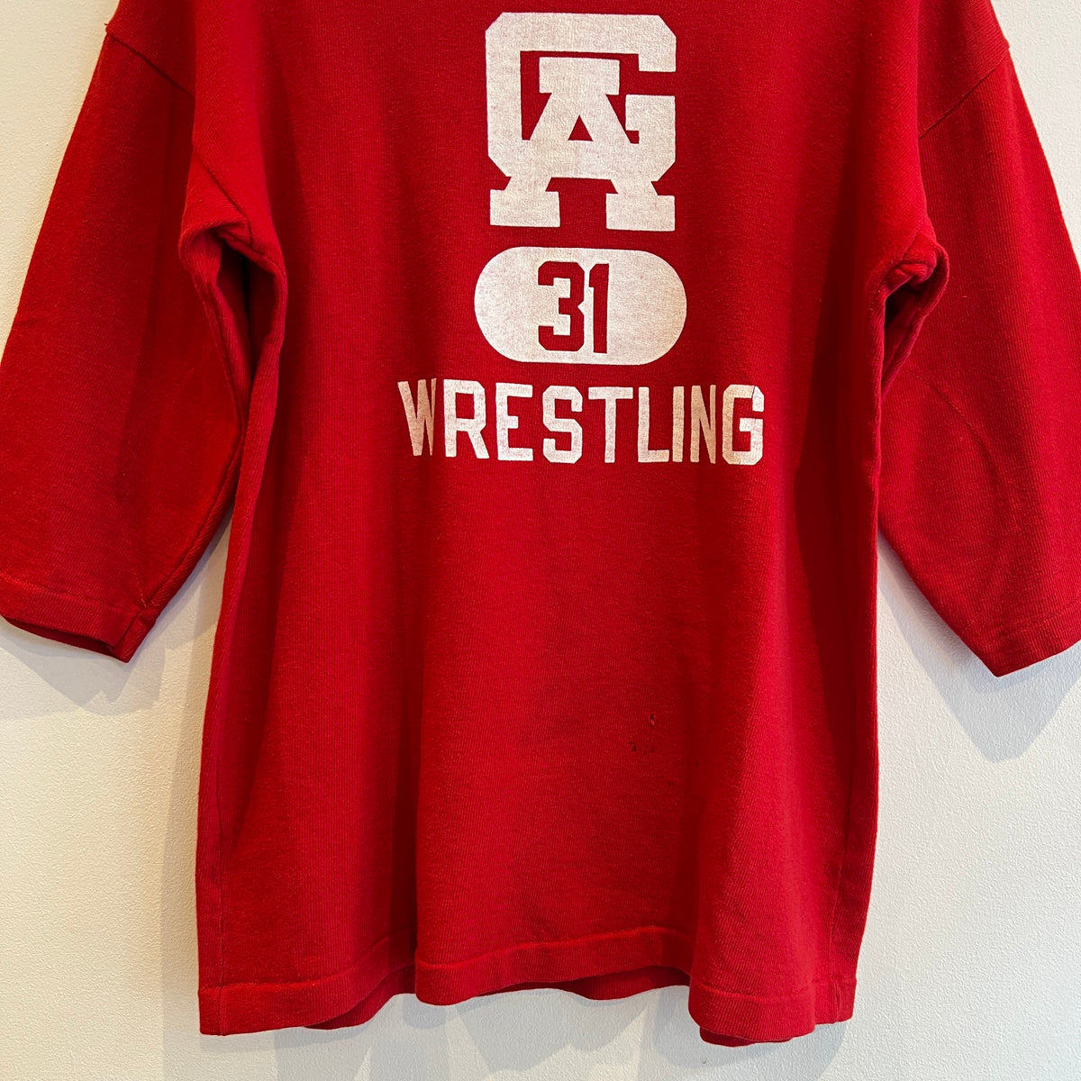 1967s ~ 1971s Champion Three-Quarter Sleeve Varsity Red Sweatshirt with Wrestling Print