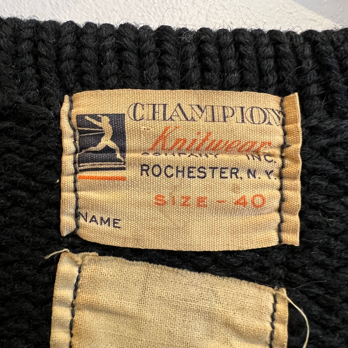 1947s ~ 1950s Champion Varsity Wool Knit Black Sweater with Princeton Orange Double Stripes