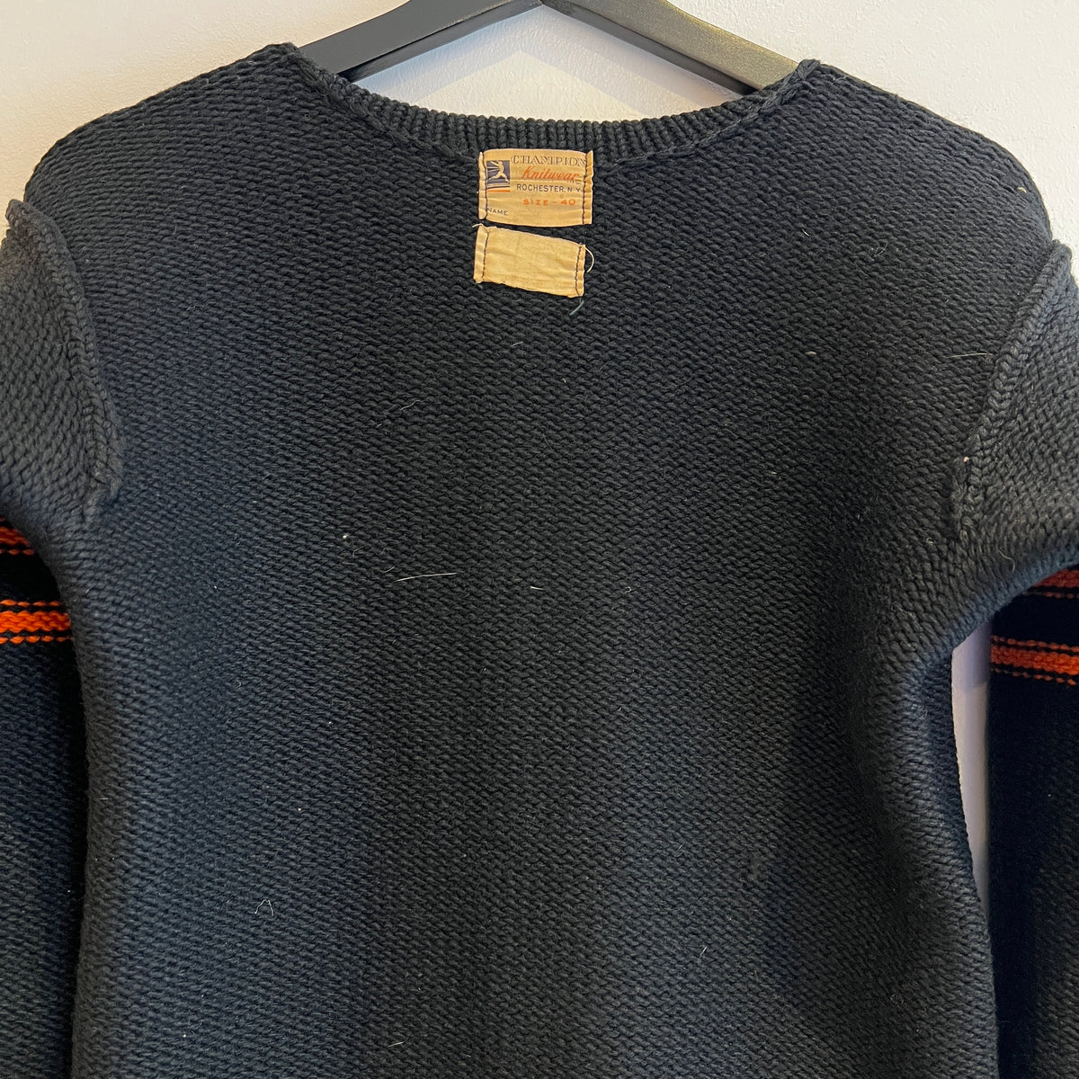 1947s ~ 1950s Champion Varsity Wool Knit Black Sweater with Princeton Orange Double Stripes