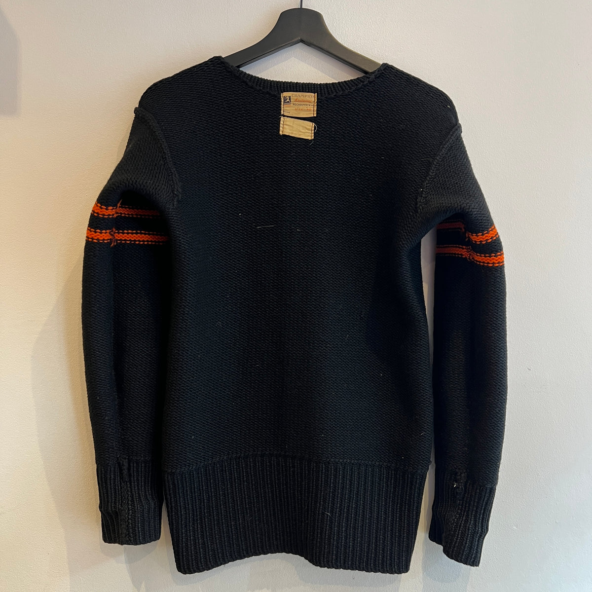 1947s ~ 1950s Champion Varsity Wool Knit Black Sweater with Princeton Orange Double Stripes