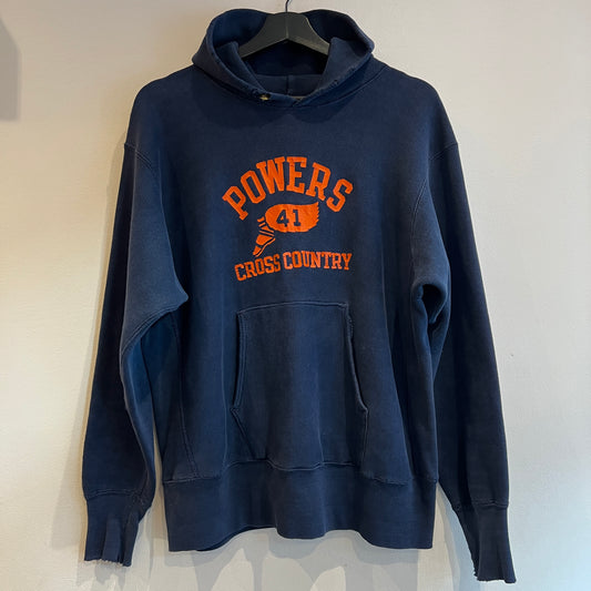 1970s ~ 1973s Champion Reverse Weave Single Color Tag Varsity Blue Hoodie Sweatshirt with Powers Cross Country Print