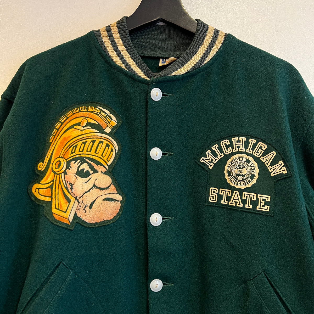 1951s ~ 1961s Champion Varsity Wool Green Jacket with Michigan State Crest and Gruff Sparty Patch