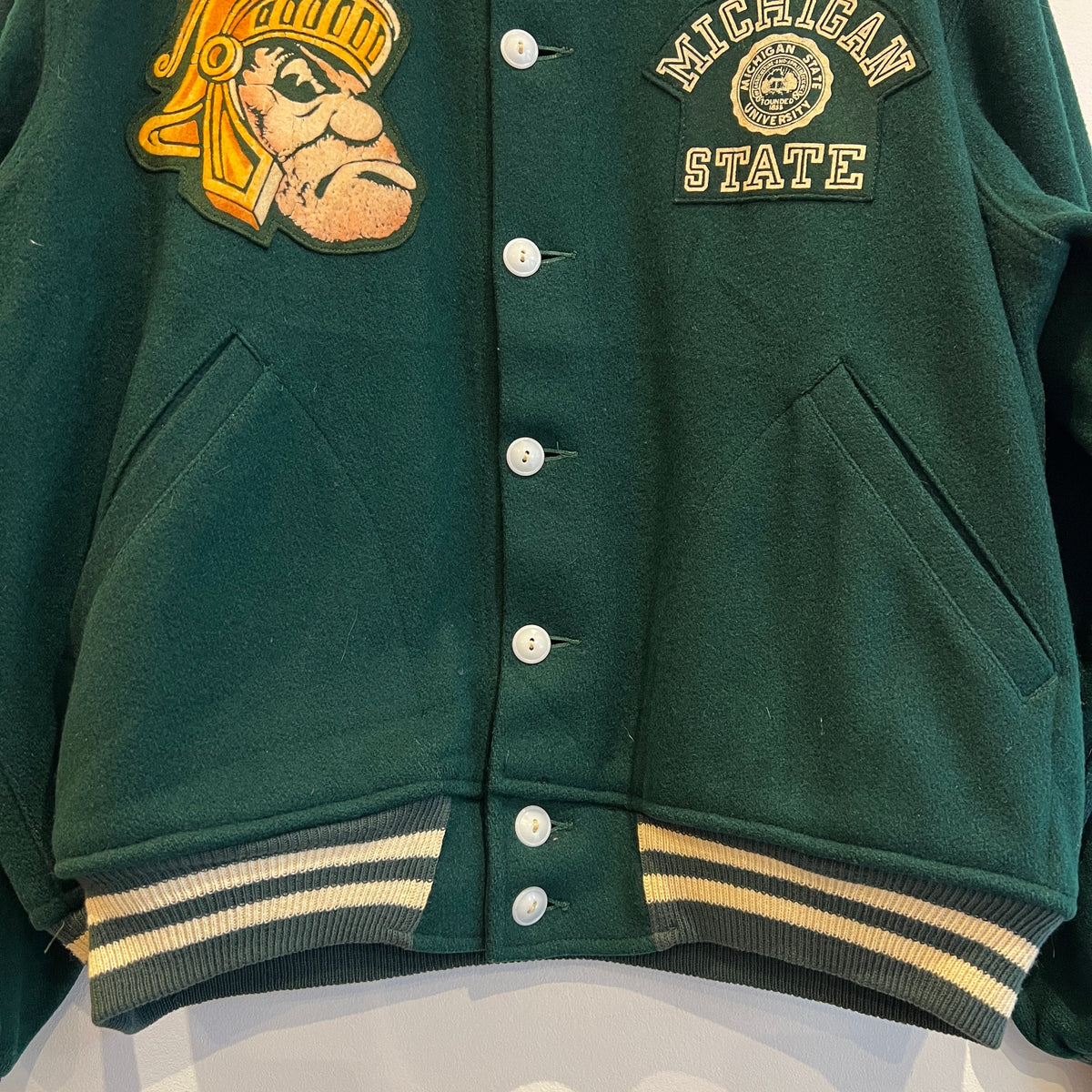 1951s ~ 1961s Champion Varsity Wool Green Jacket with Michigan State Crest and Gruff Sparty Patch