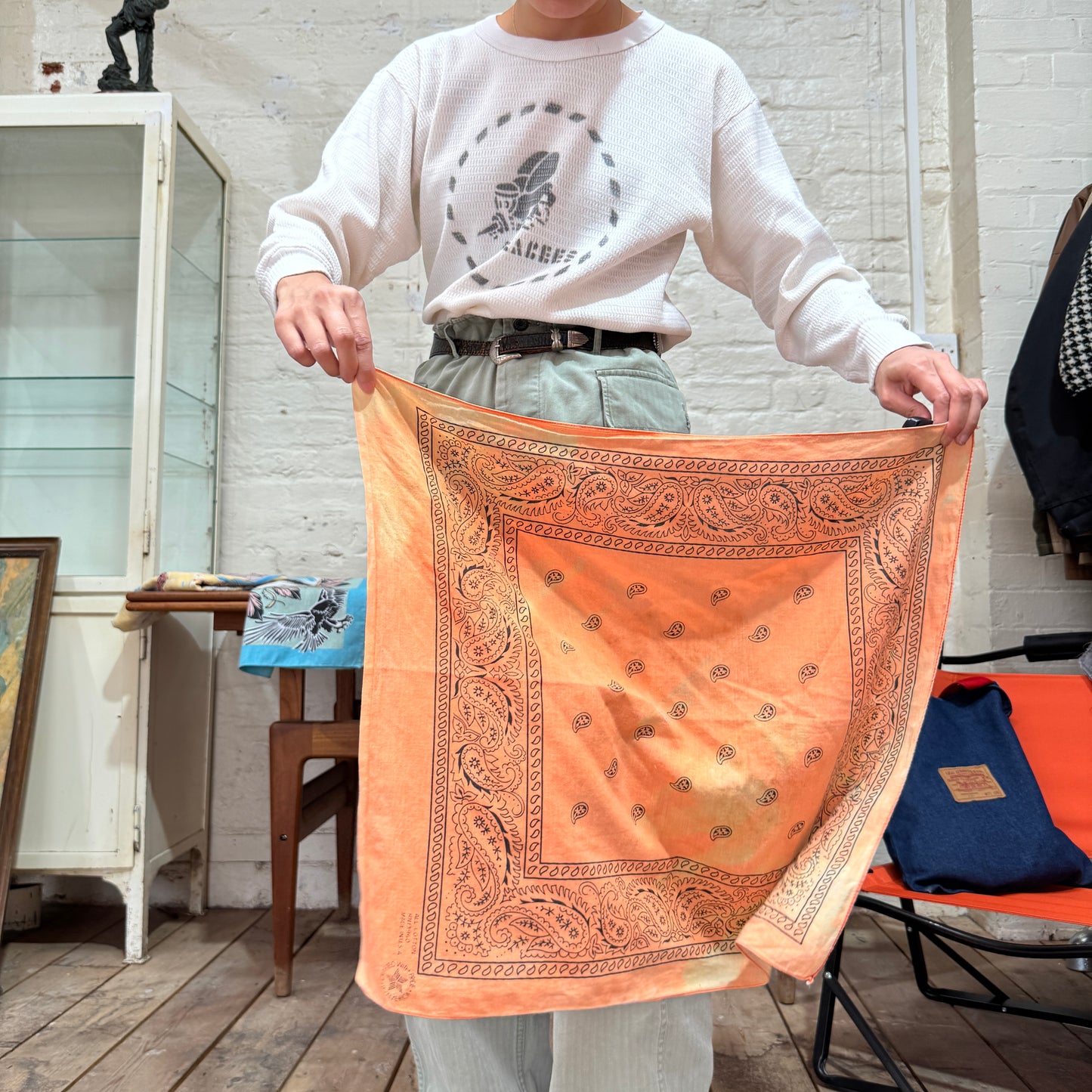 1984s ~ Early 1990s Faded Orange Color Bandana with Paisley Pattern Print