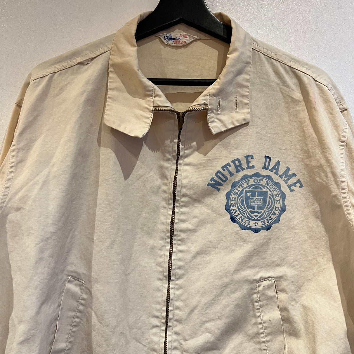 1960s Champion Varsity Cotton Cream Jacket with Notre Dame Crest Print